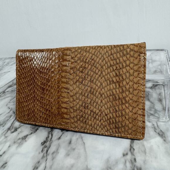 Vintage 60s Python Snakeskin Wallet Brown Leather Bi Fold Folio Style Gold Tone - Picture 2 of 14